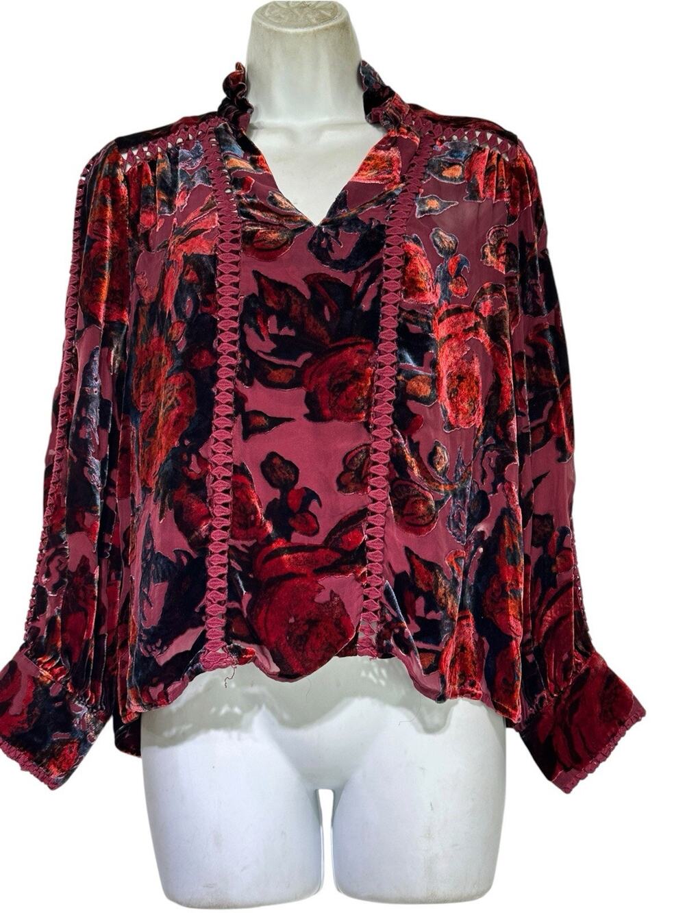 Sundance Women’s Petite Size PS Silk Velvet Burnout Floral Burgundy Blouse Top